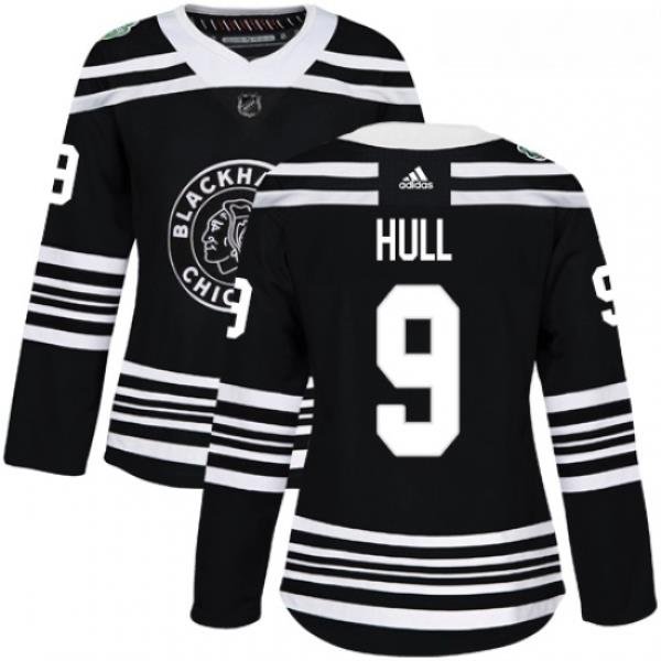 Womens Adidas Chicago Blackhawks 9 Bobby Hull Authentic Black 2019 Winter Classic NHL Jersey