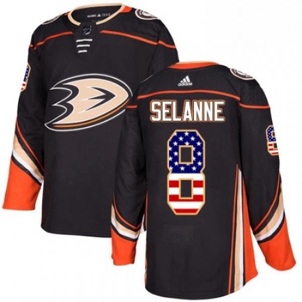 Mens Adidas Anaheim Ducks 8 Teemu Selanne Authentic Black USA Flag Fashion NHL Jersey