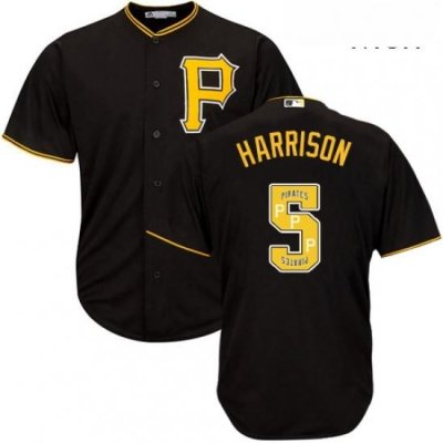 Mens Majestic Pittsburgh Pirates 5 Josh Harrison Authentic Black Team Logo Fashion Cool Base MLB Jersey