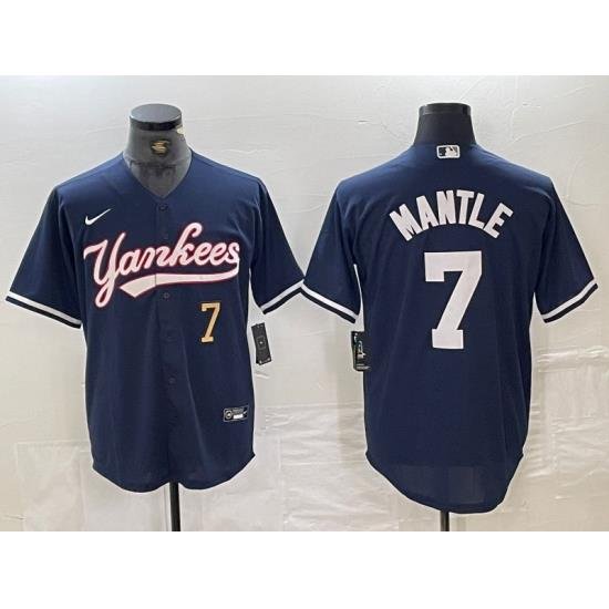 Men NeW York Yankees 7 Mickey Mantle Number Navy With Patch Cool Base Stitched Baseball Jersey