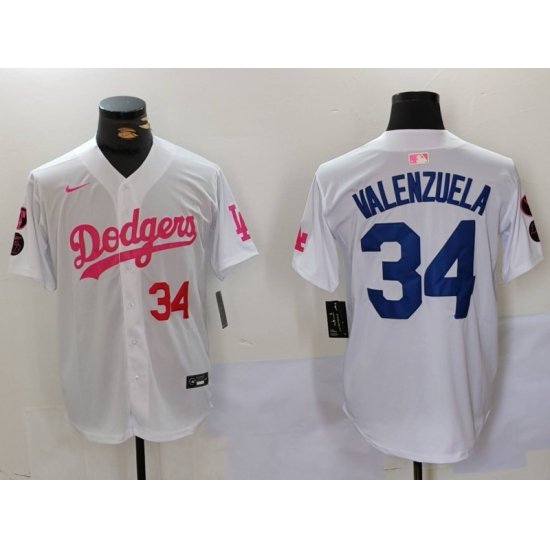 Men Los Angeles Dodgers 34 Fernando Valenzuela White Pink Vin  26 Kobe Patch Stitched Baseball Jersey 3