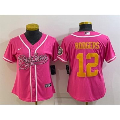 Women Green Bay Packers 12 Aaron Rodgers Pink Gold With Patch Cool Base Stitched Baseball Jersey