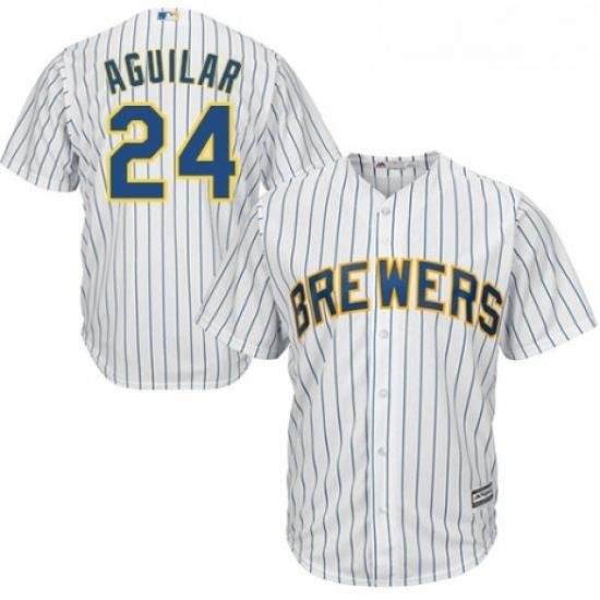 Youth Majestic Milwaukee Brewers 24 Jesus Aguilar Replica White Home Cool Base MLB Jersey