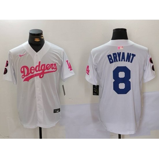 Men Los Angeles Dodgers 8 Kobe Bryant White Pink Vin  26 Kobe Patch Stitched Baseball Jersey 9