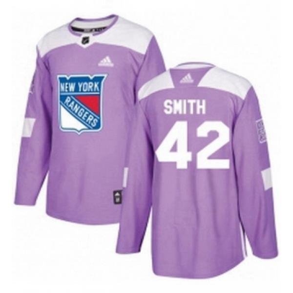 Mens Adidas New York Rangers 42 Brendan Smith Authentic Purple Fights Cancer Practice NHL Jersey