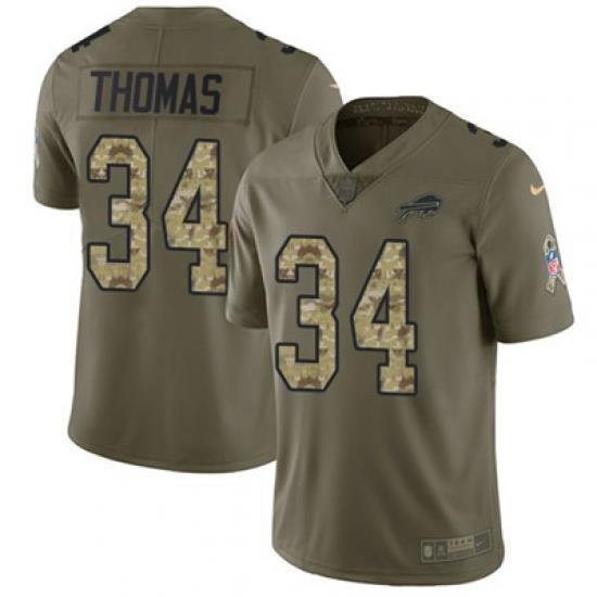 Youth Nike Bills #34 Thurman Thomas Olive Camo Stitched NFL Limited 2017 Salute to Service Jersey