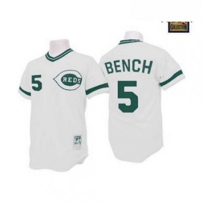 Mens Mitchell and Ness Cincinnati Reds 5 Johnny Bench Replica WhiteGreen Patch Throwback MLB Jersey