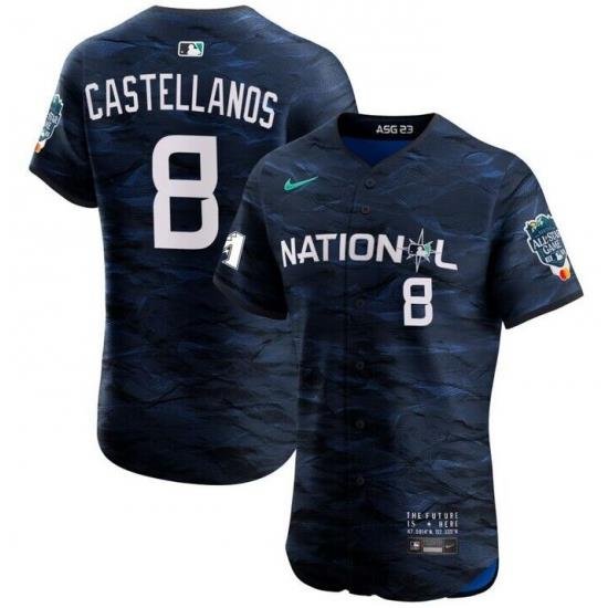 Men Philadelphia Phillies 8 Nick Castellanos Royal 2023 All Star Flex Base Stitched Baseball Jersey