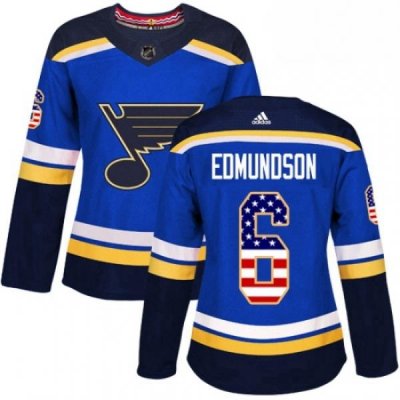 Womens Adidas St Louis Blues 6 Joel Edmundson Authentic Blue USA Flag Fashion NHL Jersey