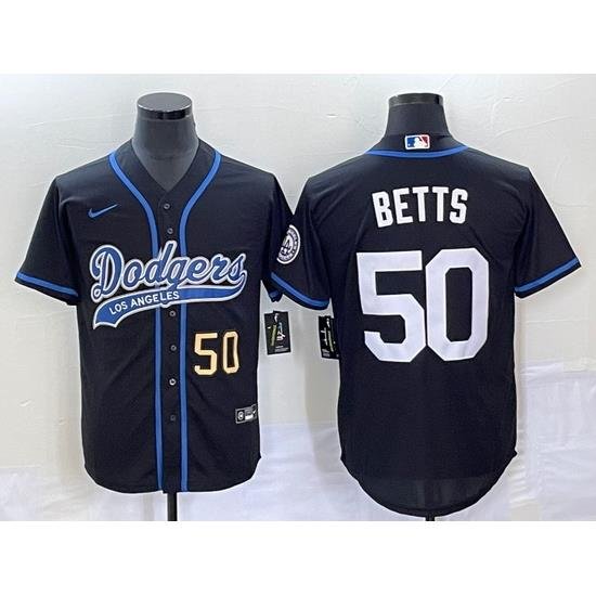 Men's Los Angeles Dodgers #50 Mookie Betts Number Black With Patch Cool Base Stitched Baseball Jersey