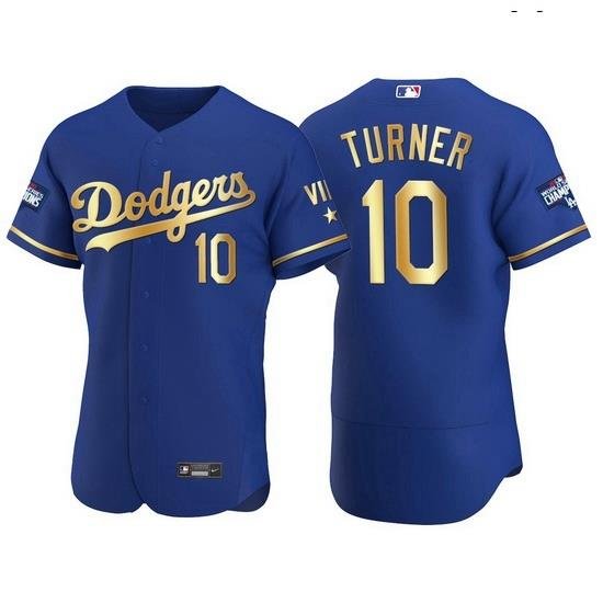 Men Los Angeles Dodgers 10 Justin Turner Men Nike Authentic 2021 Gold Program World Series Champions MLB Jersey Royal