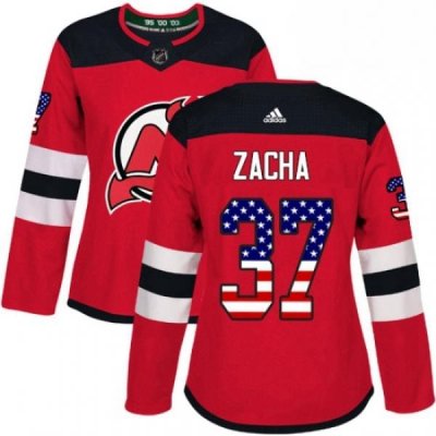 Womens Adidas New Jersey Devils 37 Pavel Zacha Authentic Red USA Flag Fashion NHL Jersey