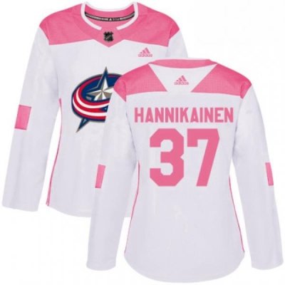 Womens Adidas Columbus Blue Jackets 37 Markus Hannikainen Authentic WhitePink Fashion NHL Jersey