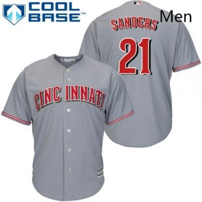 Mens Majestic Cincinnati Reds 21 Reggie Sanders Replica Grey Road Cool Base MLB Jersey