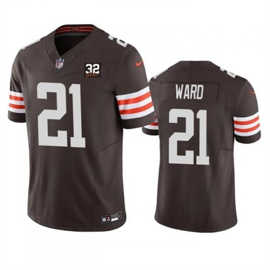 Men Cleveland Browns 21 Denzel Ward Brown 2023 F U S E  With Jim Brown Memorial Patch Vapor Untouchable Limited Stitched Jersey