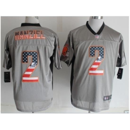 Nike Cleveland Browns 2 Johnny Manziel Grey Elite USA Flag Fashion NFL Jersey