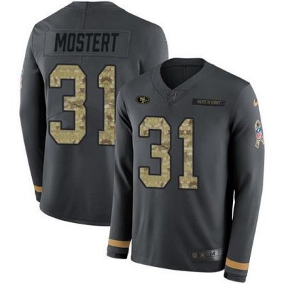 Nike 49ers 31 Raheem Mostert Anthracite Salute to Service Men Stitched NFL Limited Therma Long Sleeve Jersey