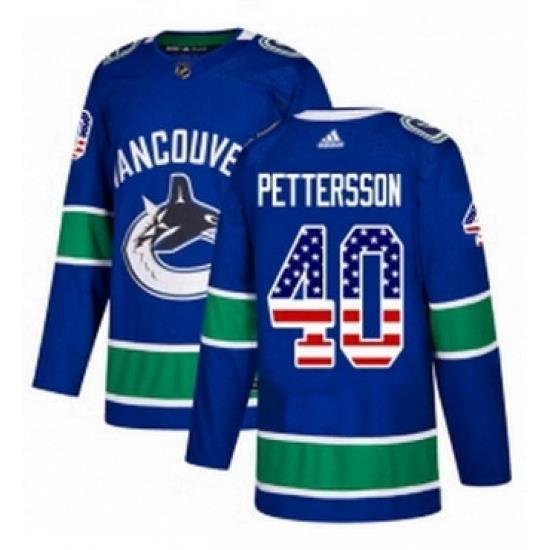 Mens Adidas Vancouver Canucks 40 Elias Pettersson Blue Home Authentic USA Flag Stitched NHL Jersey