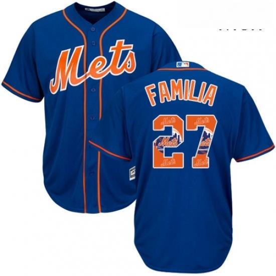 Mens Majestic New York Mets 27 Jeurys Familia Authentic Royal Blue Team Logo Fashion Cool Base MLB Jersey