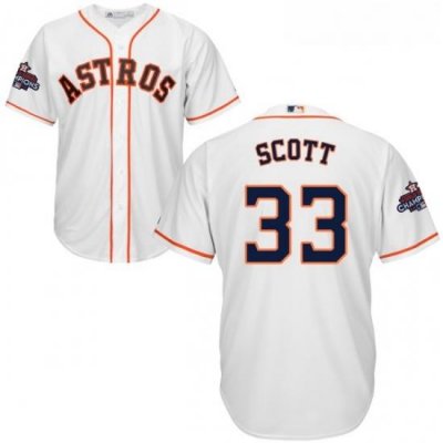 Youth Majestic Houston Astros 33 Mike Scott Authentic White Home 2017 World Series Champions Cool Base MLB Jersey