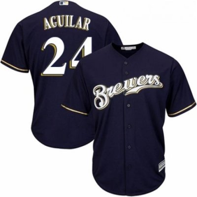 Youth Majestic Milwaukee Brewers 24 Jesus Aguilar Replica Navy Blue Alternate Cool Base MLB Jersey