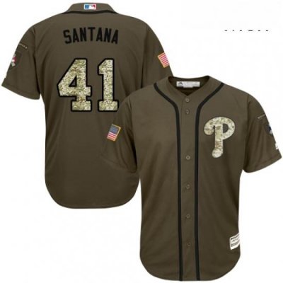 Mens Majestic Philadelphia Phillies 41 Carlos Santana Replica Green Salute to Service MLB Jersey