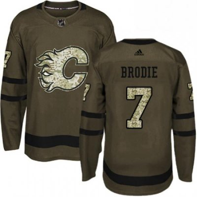 Mens Adidas Calgary Flames 7 TJ Brodie Authentic Green Salute to Service NHL Jersey