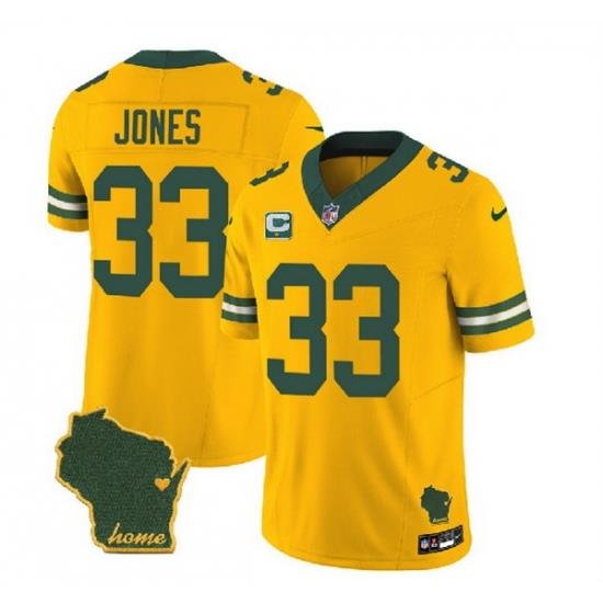 Men Green Bay Packers 33 Aaron Jones Gold 2023 F U S E  Home Patch And 1 Star C Patch Vapor Untouchable Limited Stitched Jersey