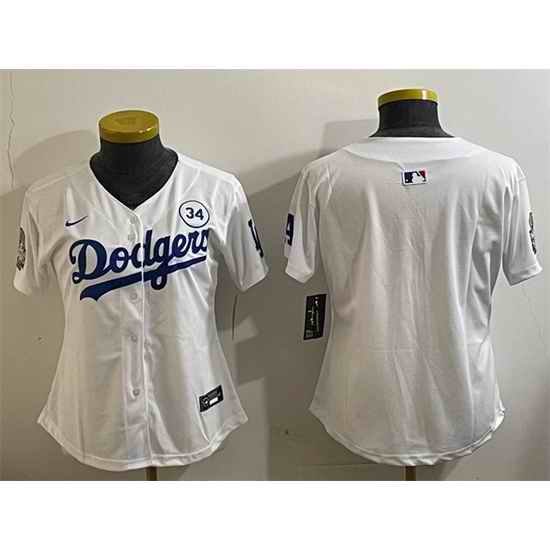 Women Los Angeles Dodgers Blank White 2024 World Series With No  34 Patch Home Limited Stitched Baseball Jersey