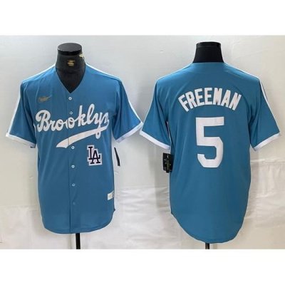 Men Los Angeles Dodgers 5 Freddie Freeman Light Blue ThroWback Cool Base Stitched Baseball Jersey s