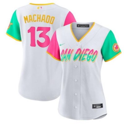 Women San Diego Padres 13 Manny Machado 2022 White City Connect Cool Base Stitched