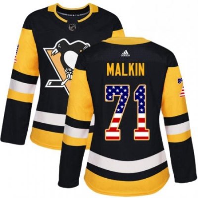 Womens Adidas Pittsburgh Penguins 71 Evgeni Malkin Authentic Black USA Flag Fashion NHL Jersey