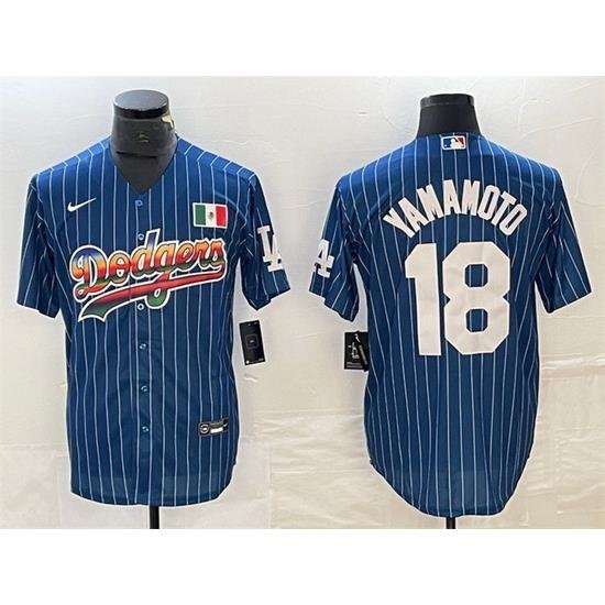 Men Los Angeles Dodgers 18 Yoshinobu Yamamoto Navy Cool Base With Patch Stitched Baseball JerseyS 1