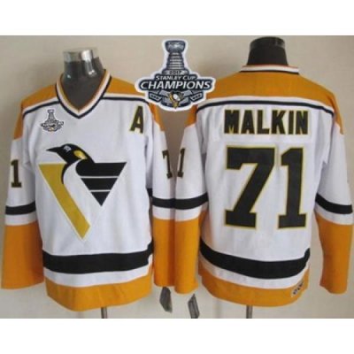 Penguins #71 Evgeni Malkin White Yellow CCM Throwback 2017 Stanley Cup Finals Champions Stitched NHL Jersey