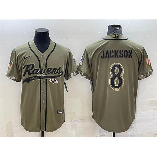 Men Baltimore Ravens 8 Lamar Jackson Olive 2022 Salute To Service Cool Base Stitched Baseball Jersey