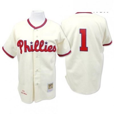 Mens Mitchell and Ness Philadelphia Phillies 1 Richie Ashburn Authentic Cream Throwback MLB Jersey