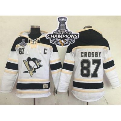 Men Pittsburgh Penguins 87 Sidney Crosby White Sawyer Hooded Sweatshirt 2016 Stanley Cup Champions Stitched NHL Jersey