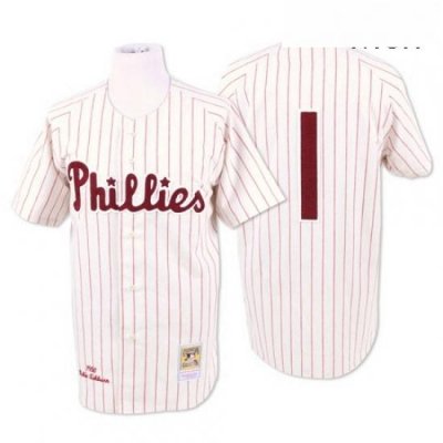 Mens Mitchell and Ness Philadelphia Phillies 1 Richie Ashburn Replica WhiteRed Strip Throwback MLB Jersey