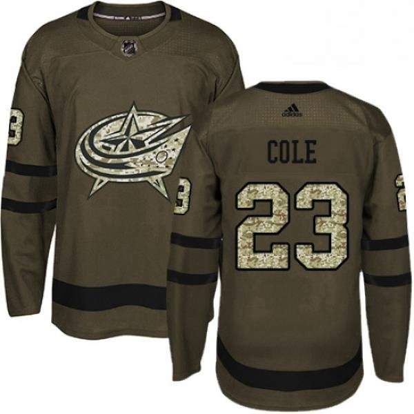 Mens Adidas Columbus Blue Jackets 23 Ian Cole Authentic Green Salute to Service NHL Jersey