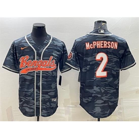 Men Cincinnati Bengals 2 Evan McPherson Grey Camo With Patch Cool Base Stitched Baseball Jersey