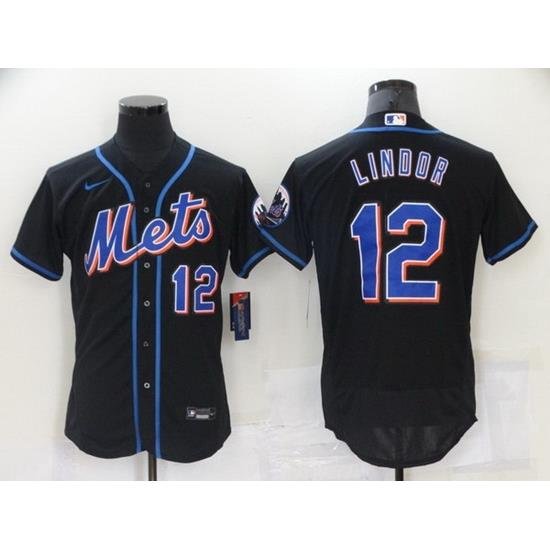 Men's NeW York Mets #12 Francisco Lindor Black Flex Base Stitched Jersey