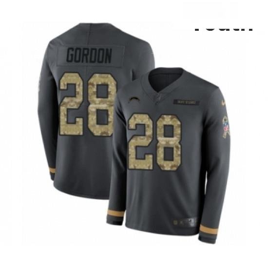 Youth Nike Los Angeles Chargers 28 Melvin Gordon Limited Black Salute to Service Therma Long Sleeve NFL Jersey