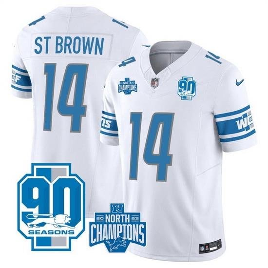 Men Detroit Lions 14 Amon Ra St  Brown White 2023 F U S E  90th Anniversary NFC North Division Champions Vapor Untouchable Limited Stitched Jersey