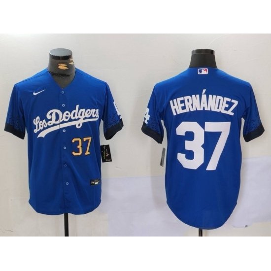 Men Los Angeles Dodgers 37 Teoscar Hernandez Blue Cool Base Stitched Baseball Jersey 2