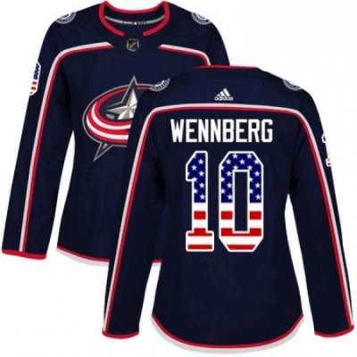 Womens Adidas Columbus Blue Jackets 10 Alexander Wennberg Authentic Navy Blue USA Flag Fashion NHL Jersey