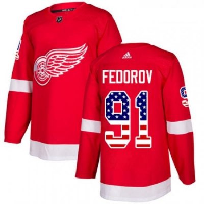 Youth Adidas Detroit Red Wings 91 Sergei Fedorov Authentic Red USA Flag Fashion NHL Jersey