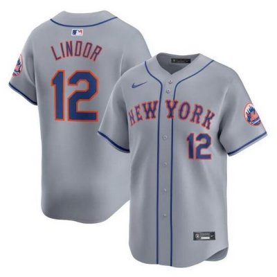 Men NeW York Mets 12 Francisco Lindor Grey 2024 AWay Limited Stitched Baseball Jersey