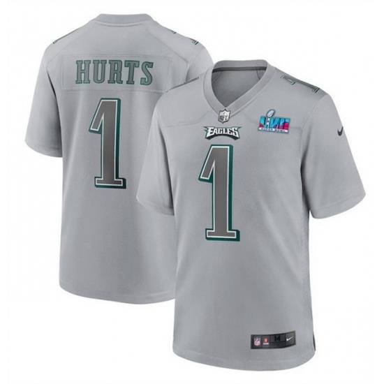 Men Women Youth Toddler Philadelphia Eagles 1 Jalen Hurts Grey Super Bowl LVII Patch Atmosphere Fashion Stitched Game Jersey