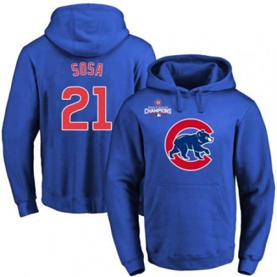 MLB Men Chicago Cubs 21 Sammy Sosa Royal Team Color Primary Logo Pullover Hoodie