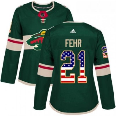 Womens Adidas Minnesota Wild 21 Eric Fehr Authentic Green USA Flag Fashion NHL Jersey